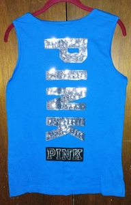 Victoria's Secret PINK Silver Sequins Bling Logo Muscle Blue Tank Top S - Picture 1 of 2