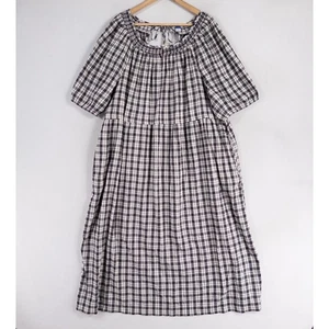 Old Navy Dress XXL Black White Plaid Midi Prairie Cottage Smocked Casual NEW - Picture 1 of 8