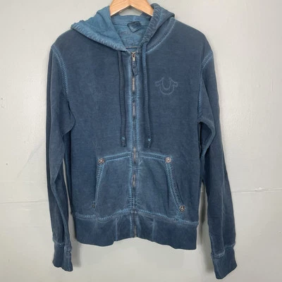 Sudadera con capucha True Religion sin lavar Big T cremallera azul ácido talla mediana 100 % algodón Foto 1 de 4