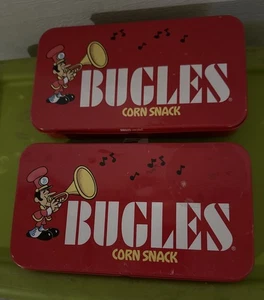 2 latas de bocadillos de maíz vintage Bugles General Mills publicidad coleccionable - Imagen 1 de 7