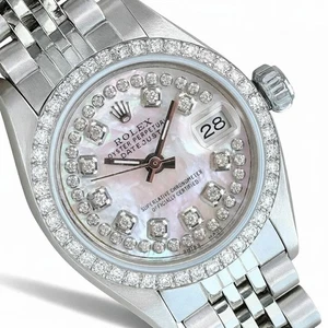 Damen Rolex Datejust Edelstahl weißes Zifferblatt Diamant Lünette 26 mm Uhr mit Box - Bild 1 von 14