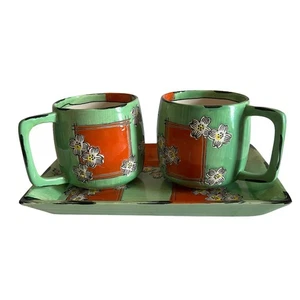 Whitney Smith Keramik Tassen Rechteck Tablett Blumen Künstler Signiert Weiß Grün Selten - Bild 1 von 11