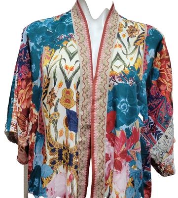 Chico's Kimono Duster Size S/M Floral Patchwork Banded Trim Open Front Lined - Image 1 of 4