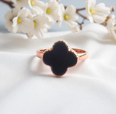 Natural Black Onyx Ring, Clover Ring, 925 Sterling Silver, 4 Leaf Clover Ring - Image 1 of 3