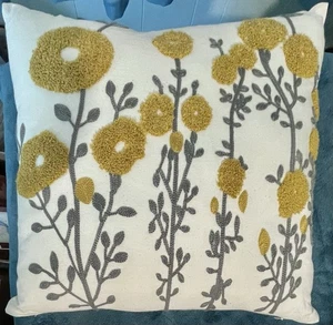 FLORAL VINES EMBROIDERED TUFT BOHO THROW PILLOW! HOME DECOR! MUSTARD YELLOW GRAY - Picture 1 of 3