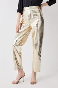 Karen Millen Tall Metallic Gold Faux Leather Straight Trousers NWT - Picture 1 of 15
