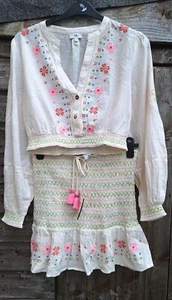 BN River Island Embroidered Cream Pink Green Blue Floral Top & Skirt M 10 / 12 - Picture 1 of 10