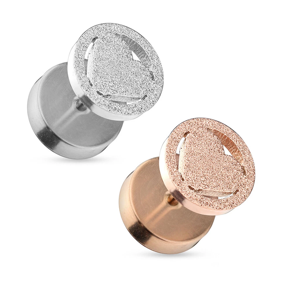 Falso Plug 316L Acciaio Inox Cuore Brillanti Piercing Orecchini Argento Oro Rosa - Immagine 1 di 1