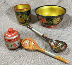 Juego de piezas mixtas de madera pintadas a mano rusas Khokhloma, cucharas, cuencos, tarro, años 80 - Imagen 1 de 11