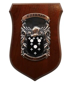 Stemma Famiglia "Cushman" Stemma Scudo Noce Targa Bronzo Dipinto a Mano - Foto 1 di 3