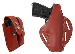 New Burgundy Leather Pancake Holster + Dbl Mag Pouch FN HK GLOCK Full Size 9mm - Picture 1 of 12