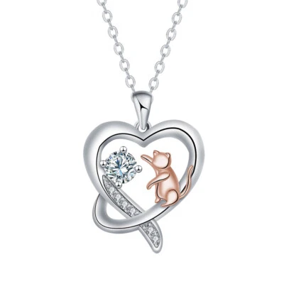 European Cute Cat Heart AAA CZ Necklace Pendant For Women Jewelry Silver Plated - Image 1 of 4