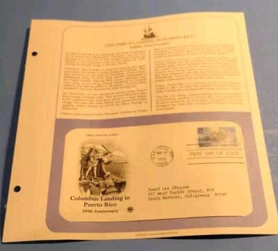FIRST DAY ISSUE 1993 Stamp Cover & PCS Page--Columbus Landing in Puerto Rico - Image 1 of 4