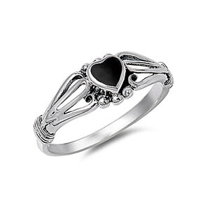 Women 7mm 925 Sterling Silver Simulated Black Onyx Heart Promise Ring Band