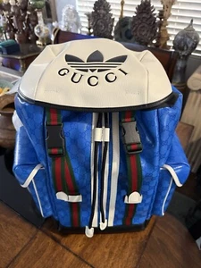 GUCCI x Adidas Blue Coated Canvas Leather Large Backpack Bag Unisex New - Picture 1 of 19