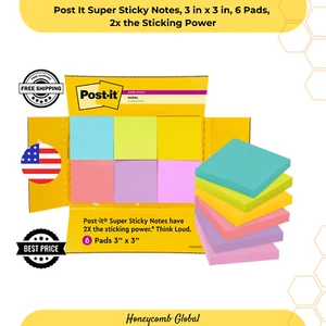 Post It Super Sticky Notes, 3 in x 3 in, 6 Pads, 2x the Sticking Power - Picture 1 of 8