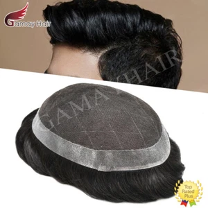 Mens Toupee French Lace Human Hair Replacement System Poly Skin PU Hairpiece Wig - Picture 1 of 9