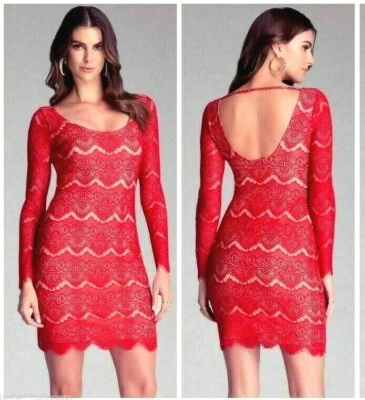 NUEVO CON ETIQUETAS Bebe Marfil Rojo Encaje Vestido Espalda Baja Manga Larga Falda Sexy Top Vestido XS 0 2 Foto 1 de 4