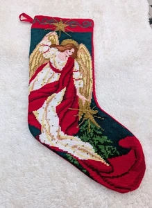 Vntg XMas Stocking Complete 3D Needlepoint Cross Stitch Angel North Star  EUC - Picture 1 of 6