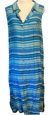 Kavu Outdoor Wear Rayon Blue Pink Stripe Button Down Collared Shirt Dress Large - Imagem 1 de 4