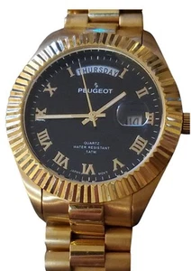 Reloj Hombre Peugeot 14K Chapado en Oro Día Fecha Números Romanos - Imagen 1 de 6