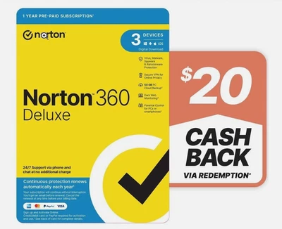 Norton 360 Deluxe 2025 - 2026 Antivirus software for 3 PC Window Mac IOS Android - image 1 of 4