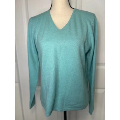 Geneva 100% Cashmere Sweater Womens L Long Sleeve V Neck Knit Aqua Blue - Image 1 of 4