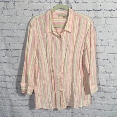 Blusa feminina L.L.Bean de linho listrada com botões rosa creme tamanho 3X leve - Imagem 1 de 4