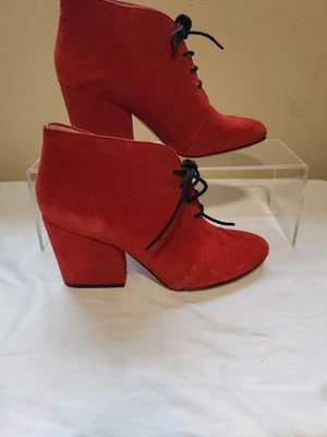 Kate Spade, ботильоны, красный замшевый верх, коренастый каблук, миндальный носок, черные шнурки - Изображение 1 из 4