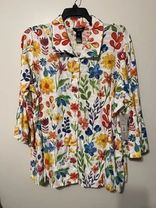 Ali Miles PLUS Knit Floral Point Collar 3/4 Bell Sleeve Button-Front Tunic Sz 2X - Picture 1 of 5