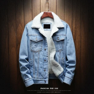 2023 New Men's Jeans Jacket Denim Cotton Jacket Lamb Wool Korean Fashion Coat - Picture 1 of 15
