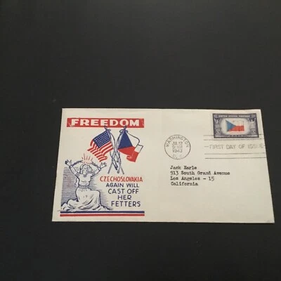 FDC 1943 WWII Patriotic Cachet FREEDOM CZECHOSLOVAKIA 5cent Stamp USA  - Image 1 of 2