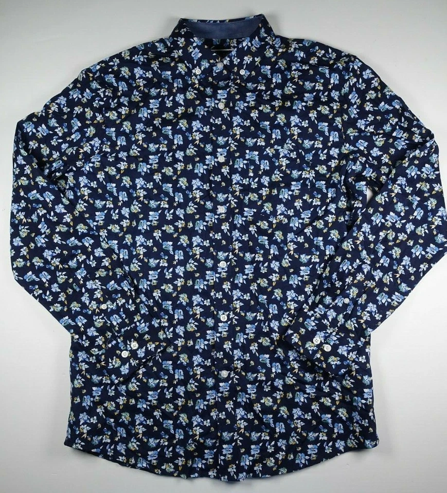 Club Room Mens Small Blue Combo Floral Stretch Moisture Wick Long Sleeve Shirt