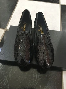 NIB 100% AUTH CHANEL 15P Black Sequin CC Logo Flat Loafers Sz 36 $1225 - Picture 1 of 6