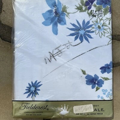 Twin Flat Sheet Blue Percale Blue Floral country Garden Fieldcrest Fabric VTG - Image 1 of 4