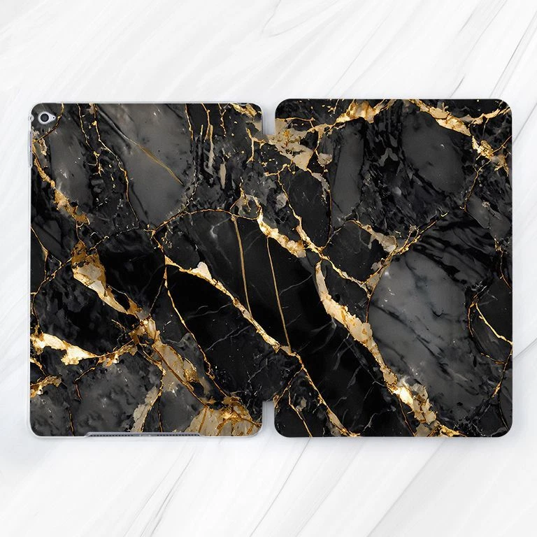 Dark Grey Gold Marble Stone Case For iPad 10.2 Air 3 4 5 Pro 9.7 11 12.9 Mini - Image 1 of 4