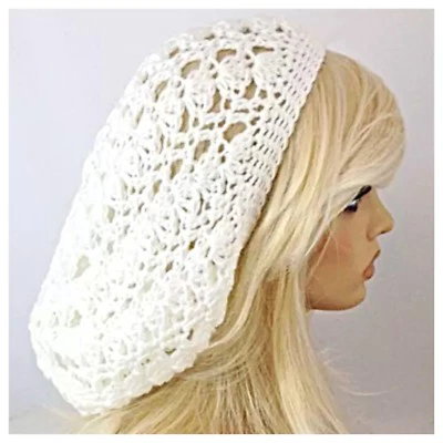 NEW Handmade Crochet SLOUCHY Beanie Hat BOHO Tam SOFT & EX BAGGIE Solid WHITE - Image 1 of 4