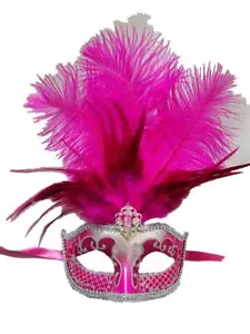 Hot Pink Silver Venetian Mask Feather Masquerade Mardi Gras 12" - Picture 1 of 6