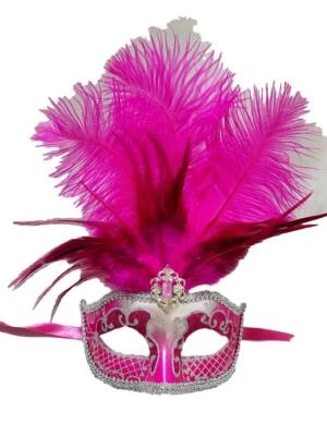 Hot Pink Silver Venetian Mask Feather Masquerade Mardi Gras 12" - Image 1 of 4