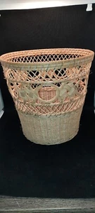 Vintage Boho Wicker Waste Basket Trash Can Rattan Planter - Picture 1 of 4