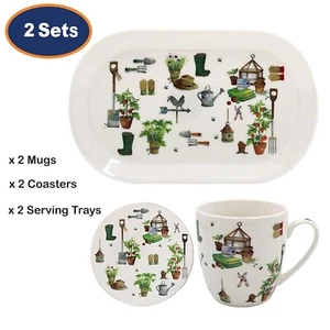 6pc Set 275ml Mugs & Coasters Serving Trays Green Fingers Garden Theme Tableware - Picture 1 of 2