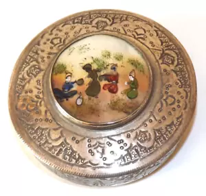 Antique Indian/Middle Eastern Mother Of Pearl Dancing Scene Silvered Brass Box - Picture 1 of 5