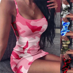 Womens Sexy Camo Strappy Mini Dress Bodycon Sleeveless Party Cocktail Clubwear - Picture 1 of 15