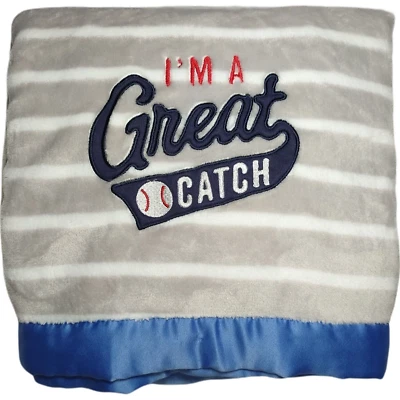Carters I'm A Great Catch Baseball Baby Boy Blanket Lovey Gray Stripe Blue Satin - Image 1 of 3