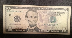 $5 Fancy Serial Number 00999093 2013 4OAk 98.2% - Picture 1 of 3