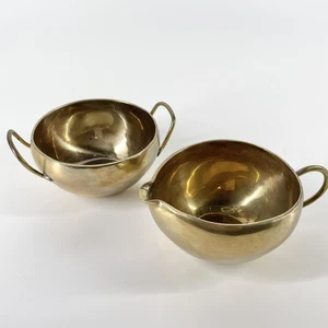 Vintage Solid Brass Round Creamer & Open Sugar Bowl Set Mid Century Modern - Picture 1 of 12