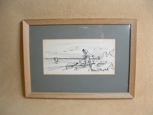 Pluma y tinta esquimal Alaska 1960 Robert Mayokok original dibujo enmarcado de 6" x 9" - Imagen 1 de 9