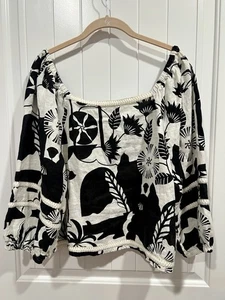 Nicole Miller New York 100% Leinen schwarz weiß Blumen Ballonärmel Bluse XL - Bild 1 von 7