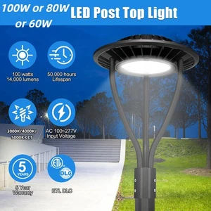 Led Post Top Light 100/80W/60W Outdoor Yard Area Pole Light 3 to 5K Dusk to Dawn - Picture 1 of 10