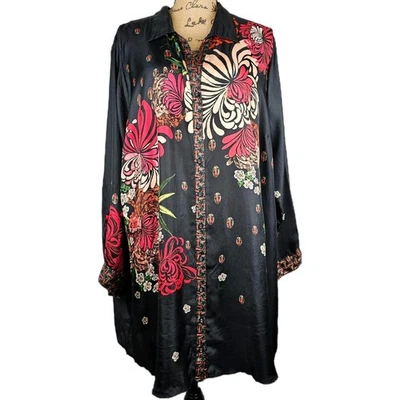 Johnny Was 100% Silk Floral Button Up Tunic Dress 1X Long Sleeve Blouse Top - Image 1 of 4
